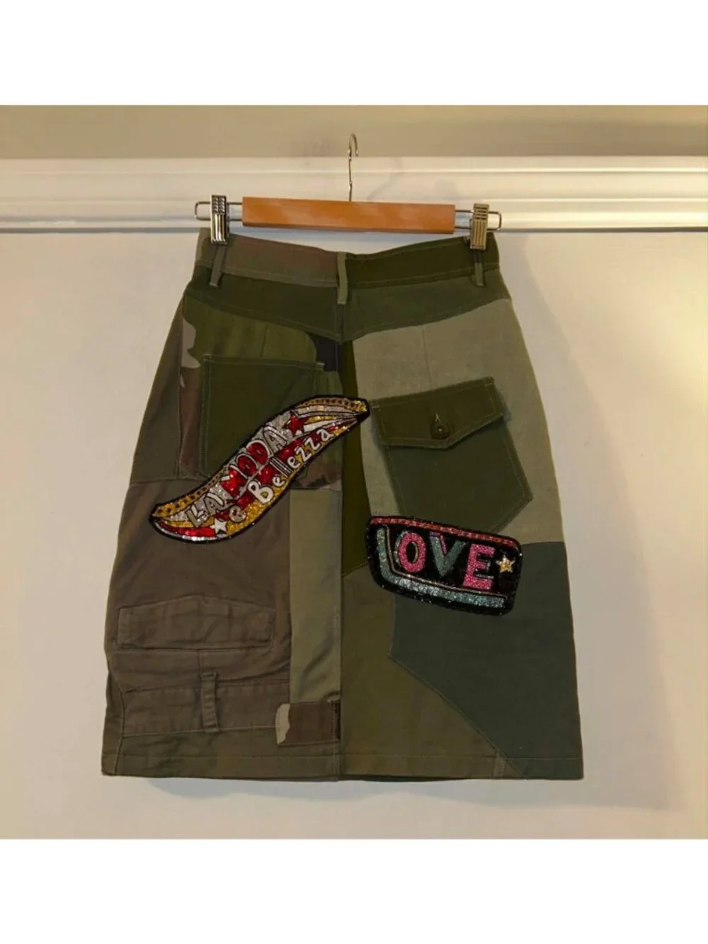 NWT $3769 Dolce & Gabbana Patchwork Rhinestones Pencil Skirt Green Camo Size 0